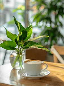 盆栽植物植物摄影照片_咖啡厅木桌上的一杯热卡布奇诺和带绿色植物的玻璃花瓶