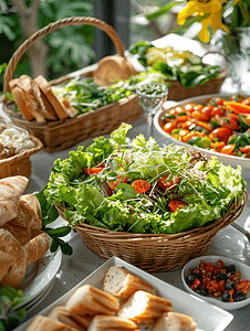 民族菜摄影照片_面包篮附近的沙拉和开胃菜的特写镜头