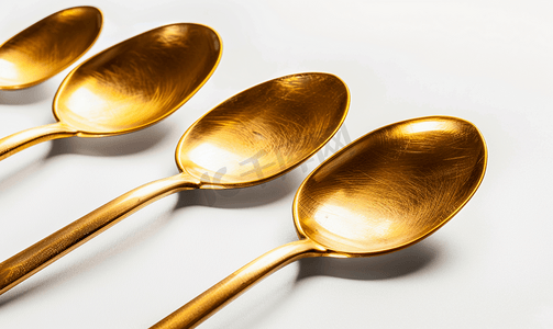 餐饮设计摄影照片_勺子叉子黄铜金孤立在白色背景上