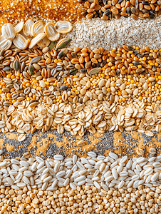 可食用的摄影照片_大量不同的谷物和可食用种子谷物角图案与顶视图