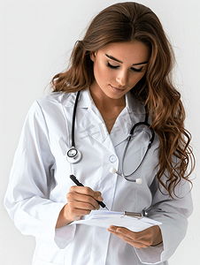保健医疗女医生与听诊器书写处方听诊器处方的女医生
