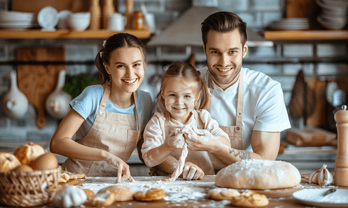 红色烫金首页摄影照片_穿着围裙的白人家庭开心地微笑着在木板上做饭和揉面团