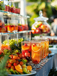 锐澳水果鸡尾酒摄影照片_自助餐桌上摆放着水果和果汁以及果汁饮料