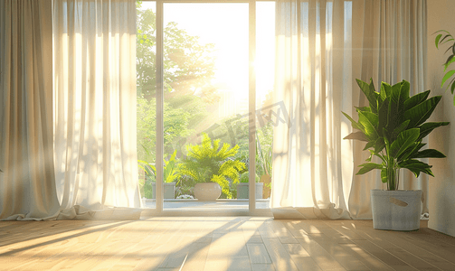 阳光明媚的日子里客厅窗帘窗室内装饰