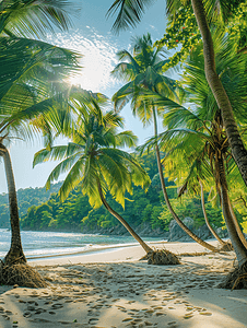 墨西哥丛林森林自然中的加勒比海滩冷杉棕榈树