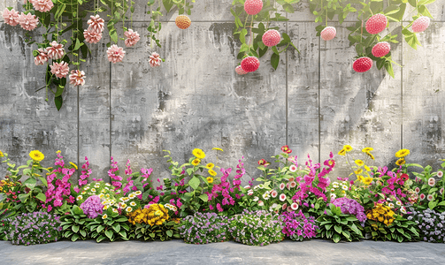 墙壁花卉摄影照片_美丽的花园有混凝土墙背景
