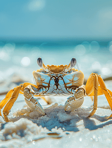 海滩沙滩摄影照片_长着钳子和狭眼的海滩蟹坐在沙滩上的脚印上