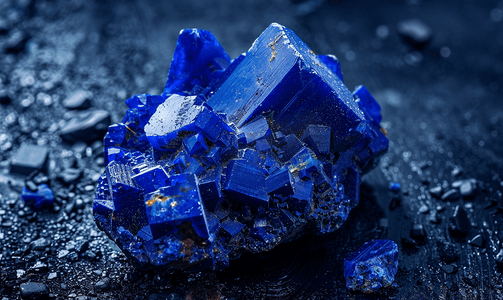 宝石晶簇摄影照片_黑色花岗岩上的未加工的蓝铜矿矿物晶体