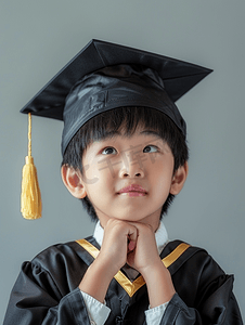 带着问题学习摄影照片_快乐的亚洲学生毕业生带着毕业帽思考