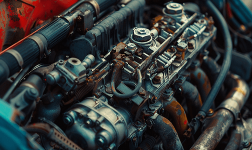 油复古摄影照片_旧汽车发动机机械技术的一部分
