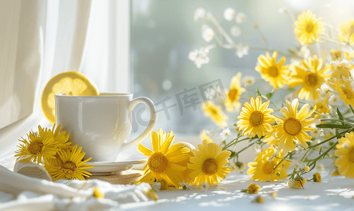黄色的菊花摄影照片_配柠檬和黄色菊花的早茶