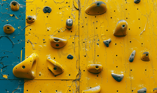 黄色街头人工运动攀岩墙特写照片