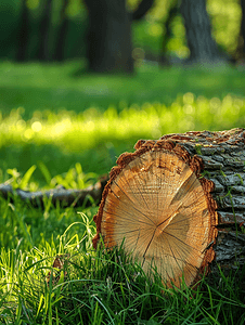躺在草地摄影照片_砍倒的树躺在草地上从一棵树上摘下的原木