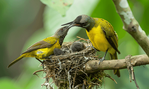 橄榄背太阳鸟黄腹太阳鸟在巢中喂养幼鸟