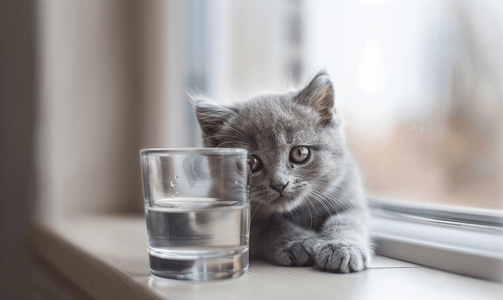 英国经济摄影照片_迷人的灰色蓬松纯种英国小猫一杯