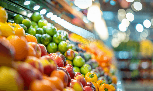 水果货架摄影照片_超市新鲜食品抽象模糊背景与散景光