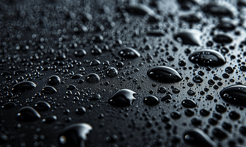 雨水滴摄影照片_雨中黑色表面上的水滴汽车零件
