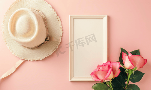 时尚帽子玫瑰和相框