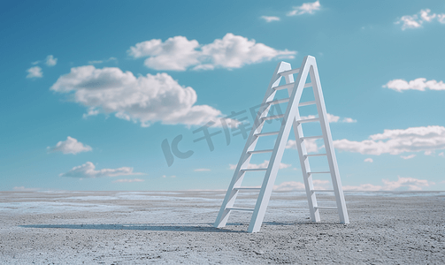 楼梯梯子摄影照片_有天空背景的白色成功阶梯
