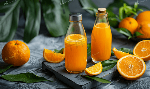 玻璃杯中的天然橙汁侧面有瓶子