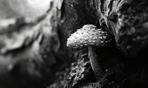 发光苔藓摄影照片_黑色和白色的细丝小蘑菇在有光斑的树根中拍摄
