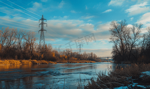 低层摄影照片_河上架空电力线