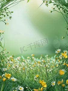 浅绿色背景上绿草与黄色和白色的小花呈椭圆形