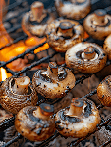 西餐饭桌食物摄影照片_蘑菇烤野餐细节钢格栅上的食物