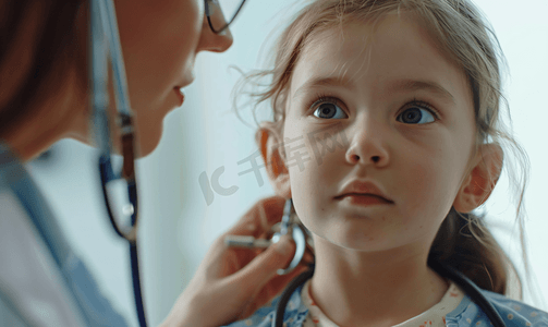 医生给住院的小女孩使用听诊器特写