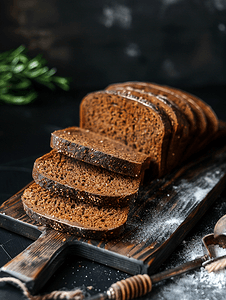 厨房板上的切片黑面包黑色背景中的面包健康食品