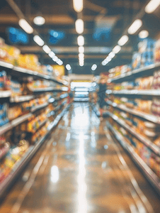 超市过道与产品货架内部离焦模糊背景