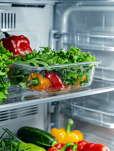 储存食品摄影照片_冰箱架子上塑料食品容器中的绿色蔬菜沙拉和胡椒