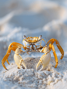 海洋生物摄影照片_长着钳子和狭眼的海滩蟹坐在沙滩上的脚印上