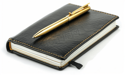 优质黑色皮革笔记本配有金色笔白色背景上孤立