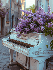 街上那架有紫色花朵的旧白色钢琴