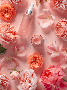 玫瑰背景鲜花的化妆品护肤品平躺复制空间