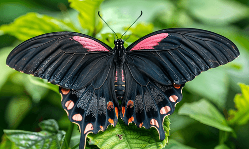 红蝴蝶结摄影照片_花园里翅膀上有粉红色的黑蝴蝶