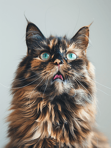 红色的舌头摄影照片_一只长着蓝眼睛、伸出舌头的可爱玳瑁色毛茸茸的猫的肖像