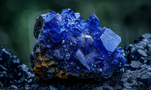 黑色花岗岩上的未加工的蓝铜矿矿物晶体