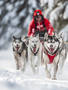 哈士奇哈士奇摄影照片_雪橇犬比赛哈士奇雪橇犬队与狗司机一起拉雪橇冬季比赛