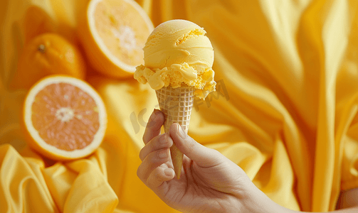 在桌上吃橙味冰淇淋