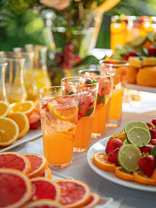 自助餐桌上摆放着水果和果汁以及果汁饮料