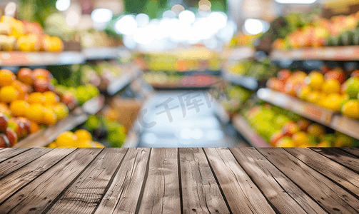空木桌面篮子超市杂货店背景中水果模糊