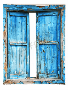 室内蓝色背景摄影照片_白色背景上孤立的旧复古蓝色木窗