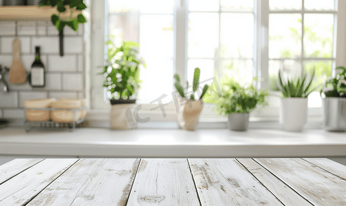 空白色木桌面厨房散景背景模糊
