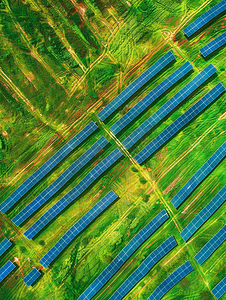 太阳能电池板农田鸟瞰图可再生太阳能