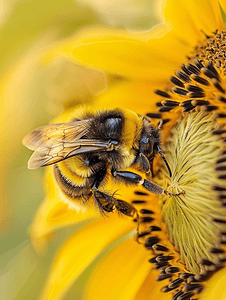 黄蜂摄影照片_向日葵上的大黄蜂特写