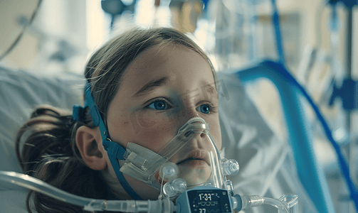 糖尿并发症摄影照片_小女孩住院带呼吸仪