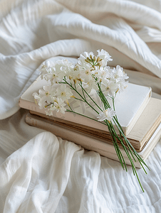 美丽的花概念白布背景书籍上的白色静态花
