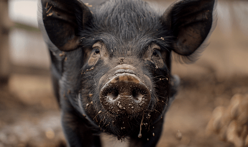 黑色的猪摄影照片_可爱的黑猪鼻子又脏又湿